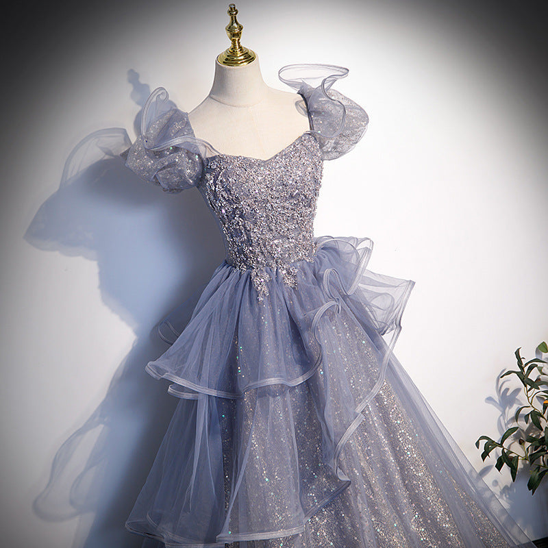 LOVERCCR Gray Blue Evening Dress Temperament Banquet Vocal Music Art Test High-End Birthday Host Schoolgirls' Dress