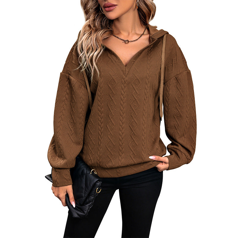 LOVECCR Europe and the United States Hot autumn and winter hooded pullover sweater new drawstring knitted sweater loose solid color V-neck top