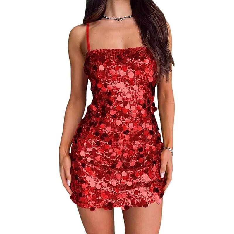 New women's clothing sequined suspender dress banquet party dance hot girl halter short hip skirt