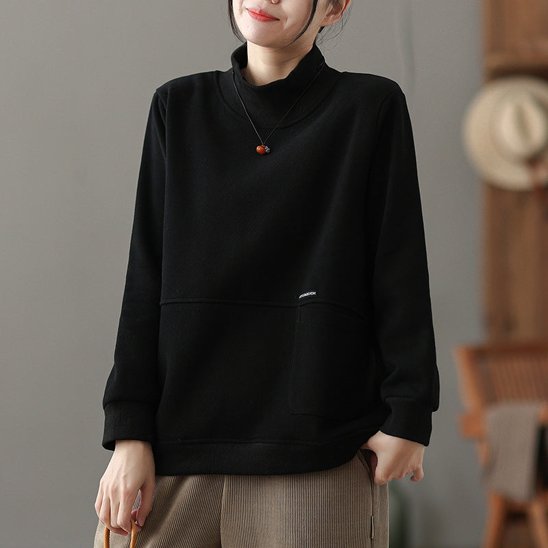 Retro turtleneck sweater fleece thickened women's popular winter new loose and thin casual versatile long-sleeved top