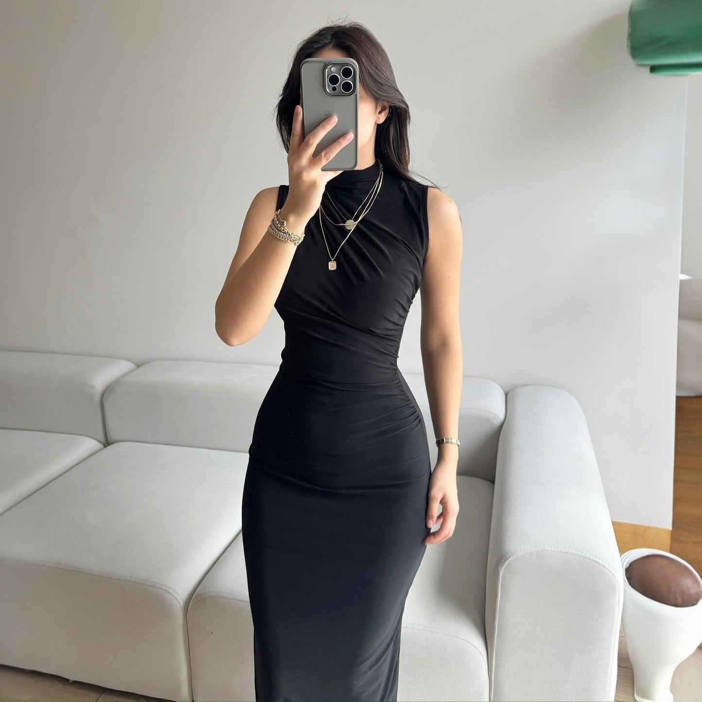 LOVECCR style cross-border summer new solid color split fork high waist slim fit sexy sleeveless long women's dress