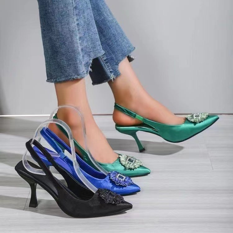 loveccr Autumn Women's Shoes Pointed High Heel Shiny Ornament Rhinestone Muller Temperament Wild Stiletto Toe Box Sandals Wholesale Delivery