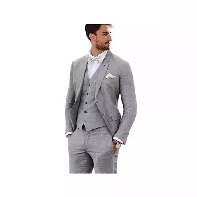 LOVECCR Men's Linen Slim Fit Suit Wedding Western Slim Fit 3 Piece Set Groom Swallowtail Best Men's Prom Suit