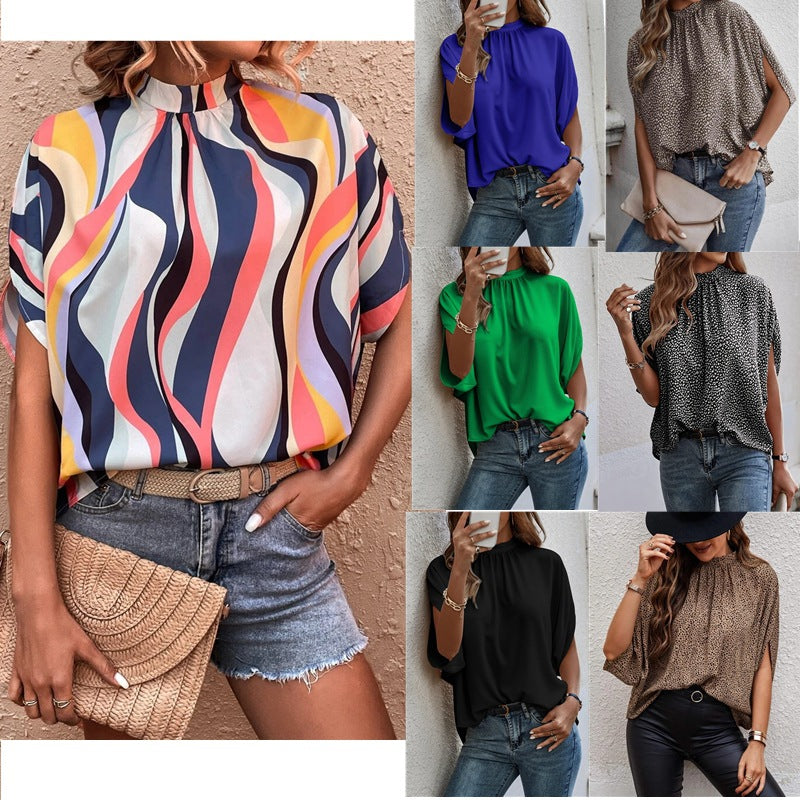 2025 Popular, , New women's clothing summer new casual fashion printed split-ended bat sleeve top women