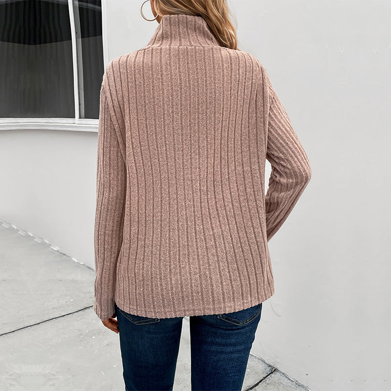 LOVECCR Europe and the United States Hot autumn knitted polished pit strip T-shirt pleated button semi-turtleneck T-shirt women's top