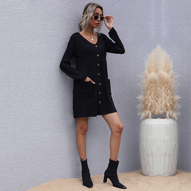 LOVECCR New popular autumn and winter Popular and 2025 loose long-sleeved slim-fitting solid color v-neck knitted sweater dress women