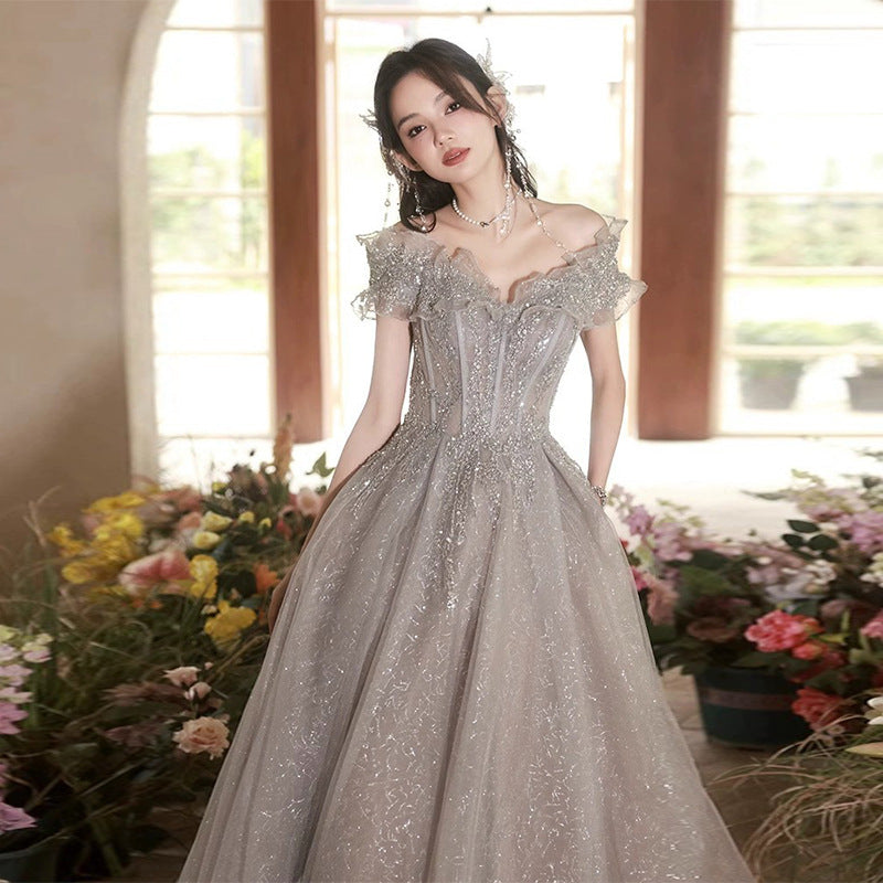 LOVECCR Evening Dress Women's Heavy Industry New off-Shoulder Elegant Socialite Princess Style Birthday Adult Gift Dress