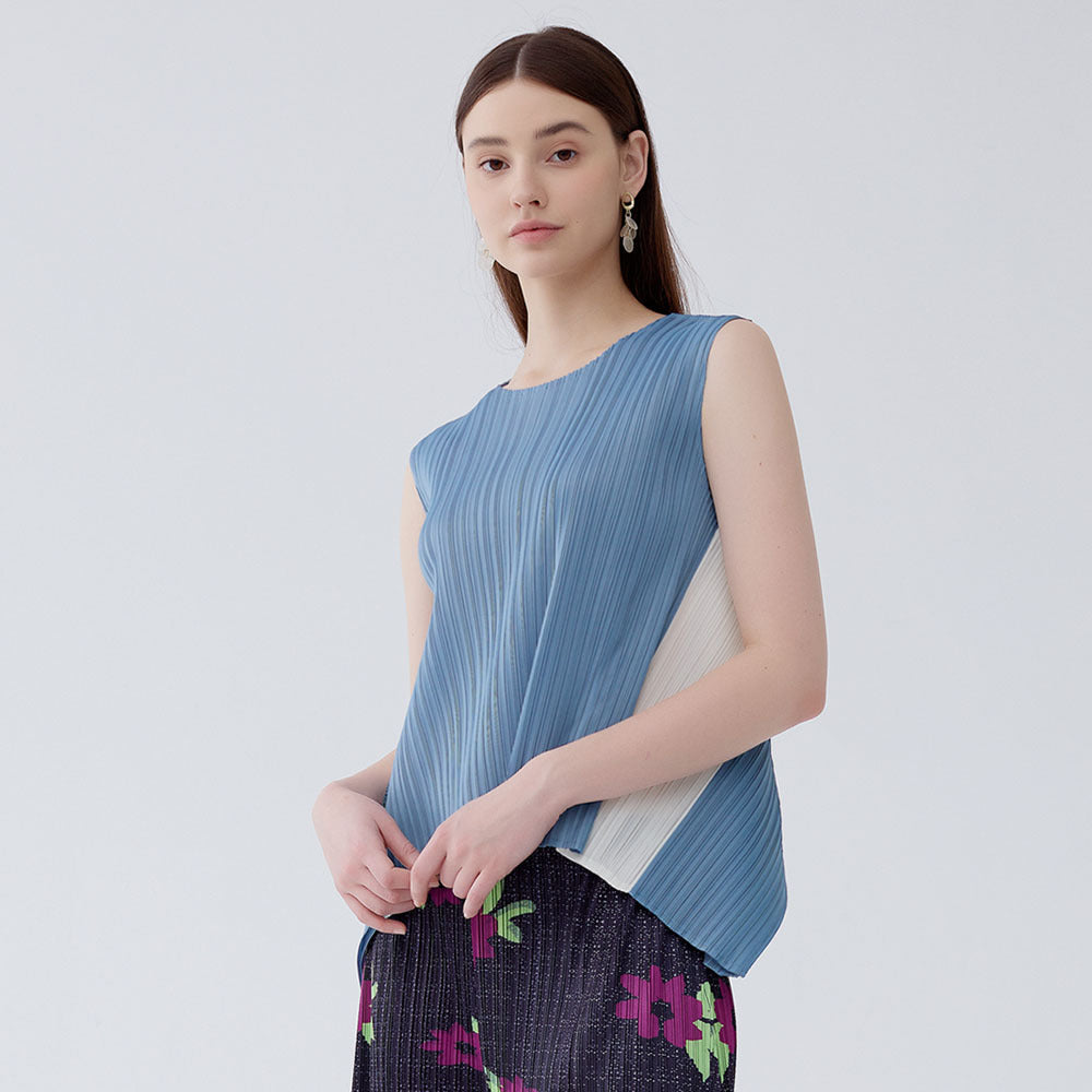 Contrasting color top women's summer new irregular design sense simple sleeveless round neck special-shaped top women
