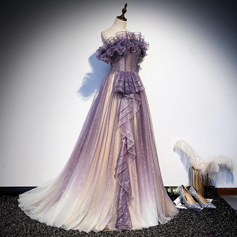 LOVECCR Purple Evening Dress New Summer Women's off-Shoulder Elegant Graceful Long Chorus Costume Dress