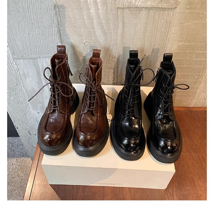2025 Cowhide version~ Grape mother has the same autumn and winter new round head leather heightened thick bottom lace-up side zipper Martin boots for women