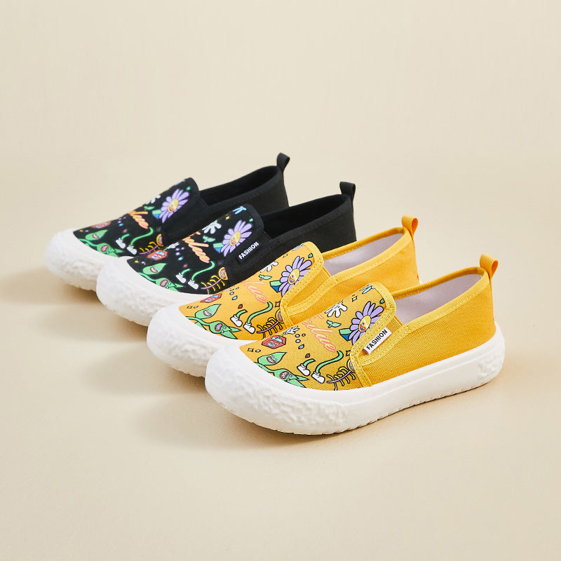 new summer canvas shoes women's thick soles increase in height lazy one pedal printing breathable casual street shot FB5508