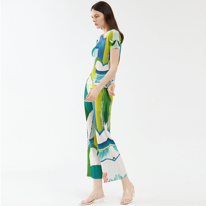 Miyake casual printing suit, summer new women's short-sleeved top, fashionable Korean version of drape trousers, two-piece set for women