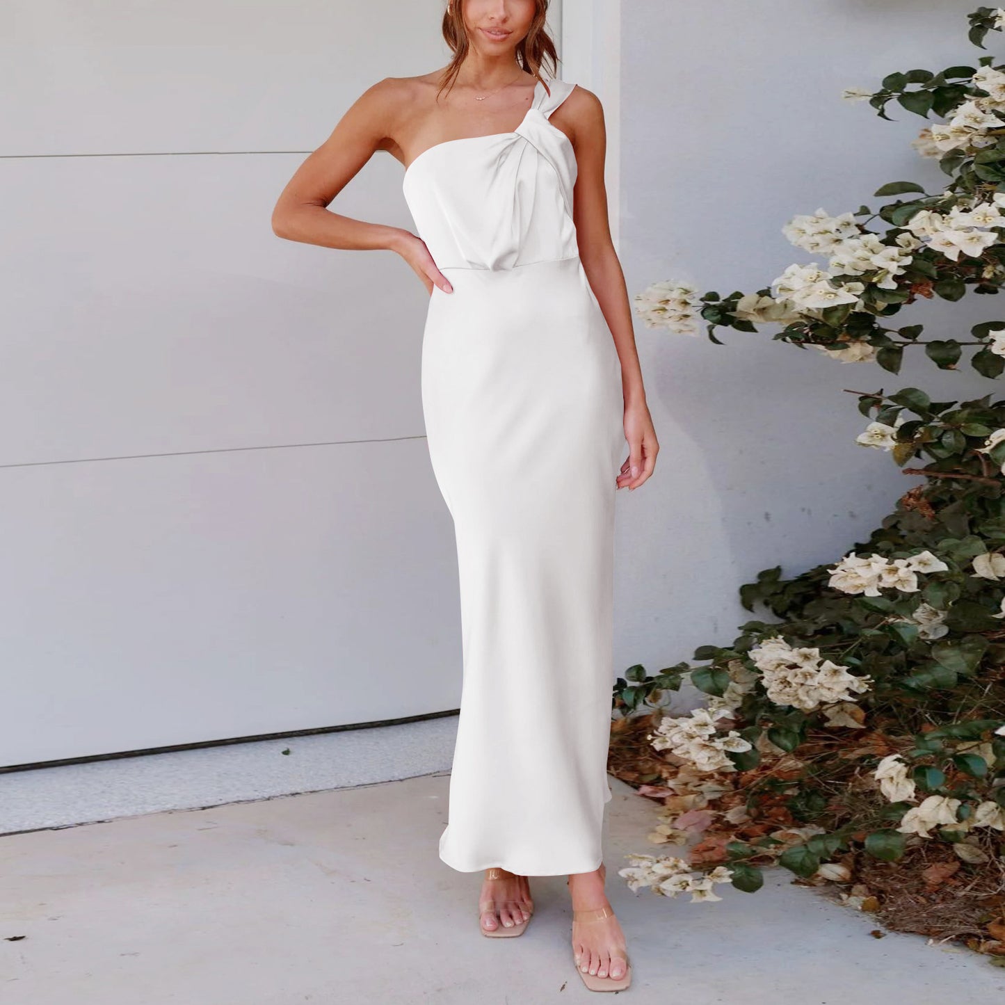 LOVERCCR Cross-Border New Acetate European and American Women's Clothing Elegant One-Shoulder Satin Toast Dress Bridesmaid Dress Slim Fit Dress