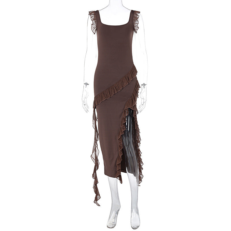 European and American Style Cross-Border Women's Clothing Summer and Autumn New Fashion Sexy Wooden Ear Stitching Temperament Split Dress