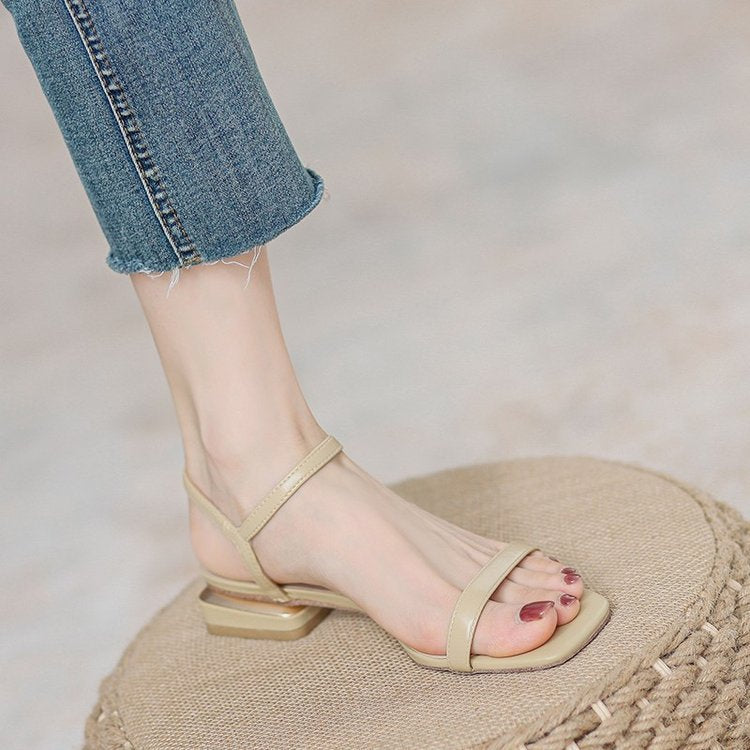 loveccr Women's Chunky Heel Sandals with Buckle Strap New Minimalist Open Toe Fairy Style Mid Heel Roman Women's Shoes