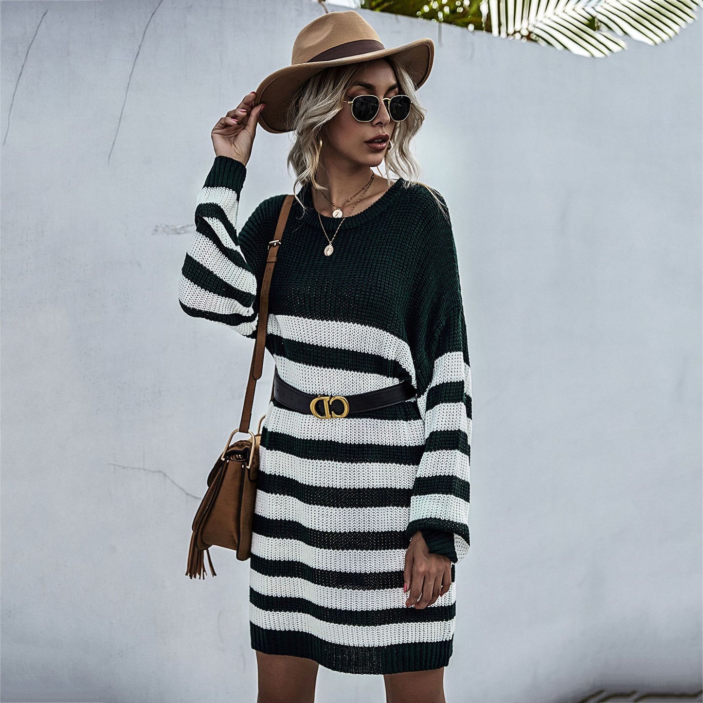 LOVECCR popular autumn and winter New 2025 striped knitted sweater women's loose lazy style medium and long thick needle sweater skirt