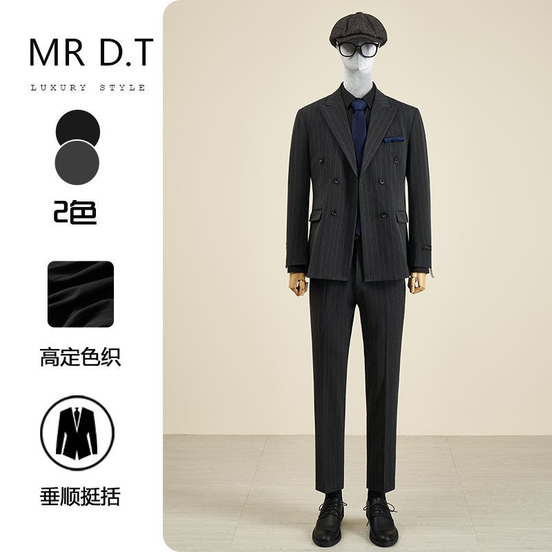 LOVECCR Mr. DT Striped Double Breasted Suit Suit Men's Light Luxury Formal Wear Retro British Style Suit Groom Wedding Suit