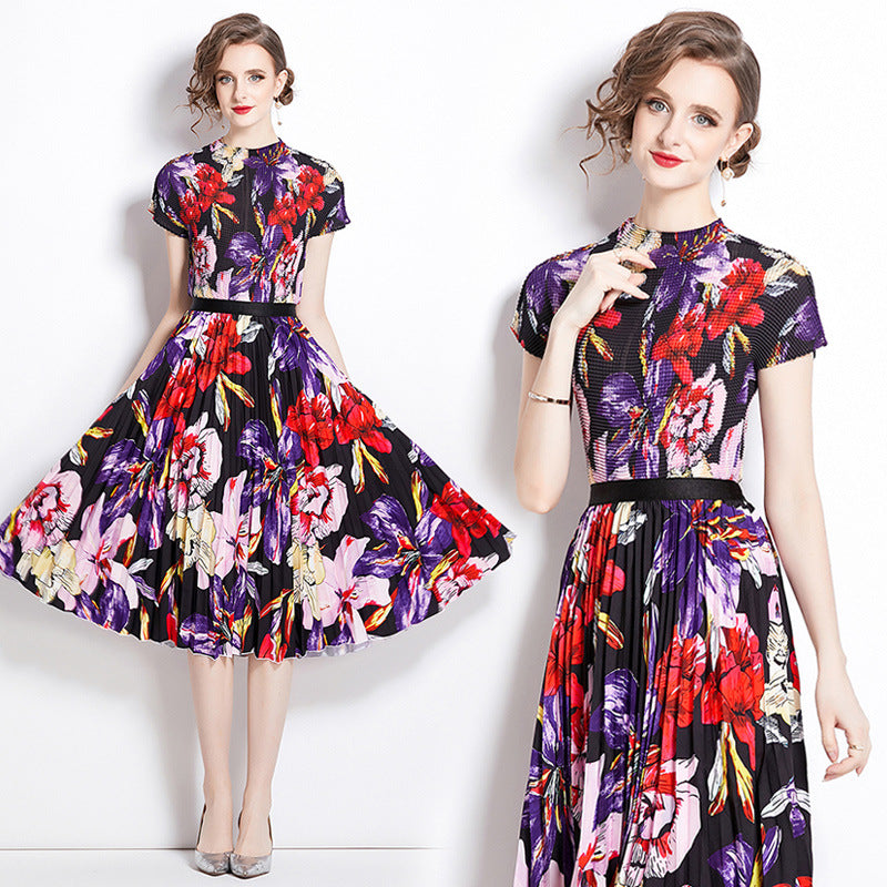 Pleated summer new fashion slim-fit shirt + printed pleated skirt two-piece set