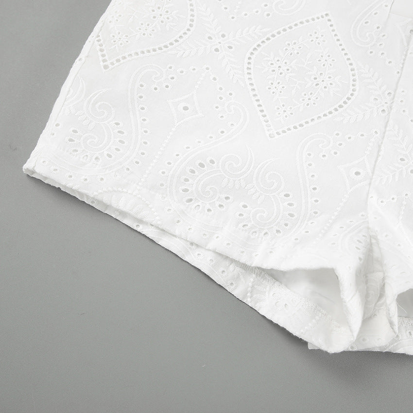 2025 fashion casual white jacquard jumpsuit shorts women's summer waist pure cotton bubble sleeve onesie