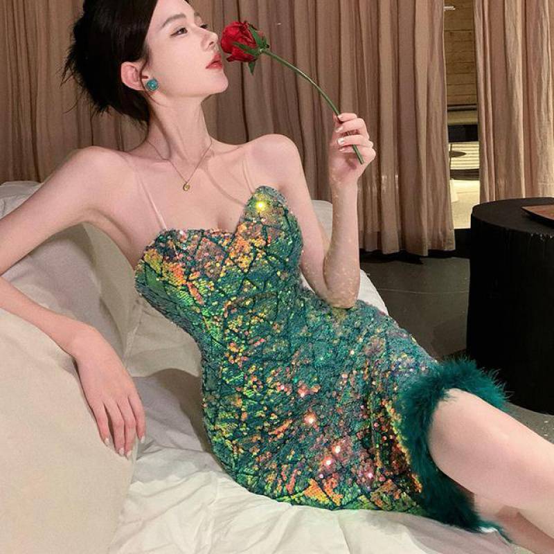 LOVECCR Socialite Retro Green Sequin Shiny Sheath Party Evening Dress Elegant Sexy Slim Strap Dress