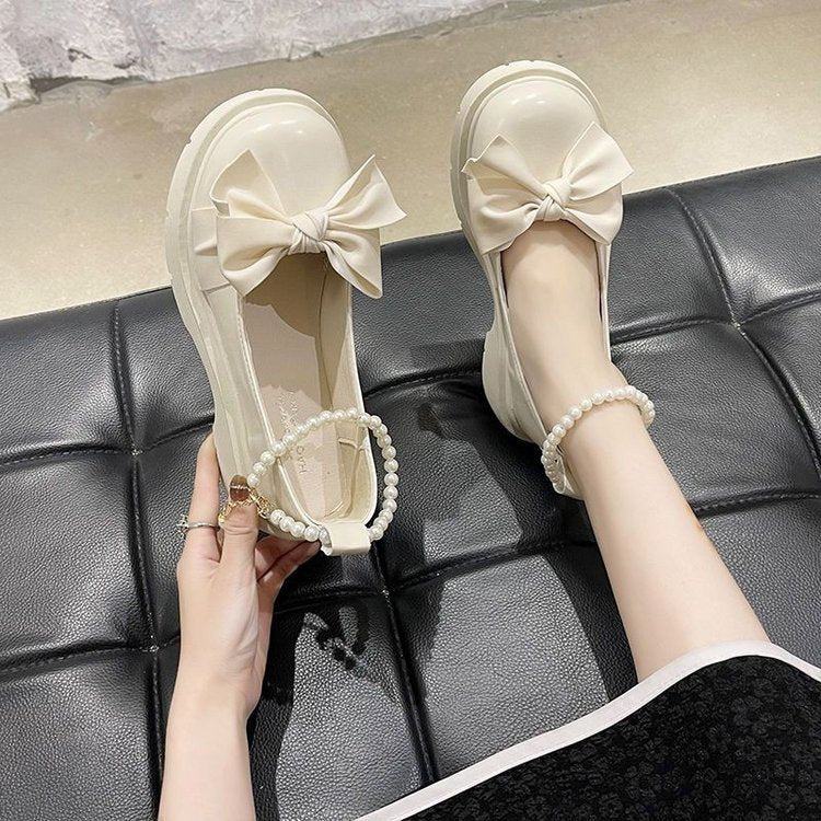 loveccr Style Mary Jane Shoes Women's Spring and Autumn New Pearl Bow Girls' Pumps Chunky Heel Fairy Style Loafers