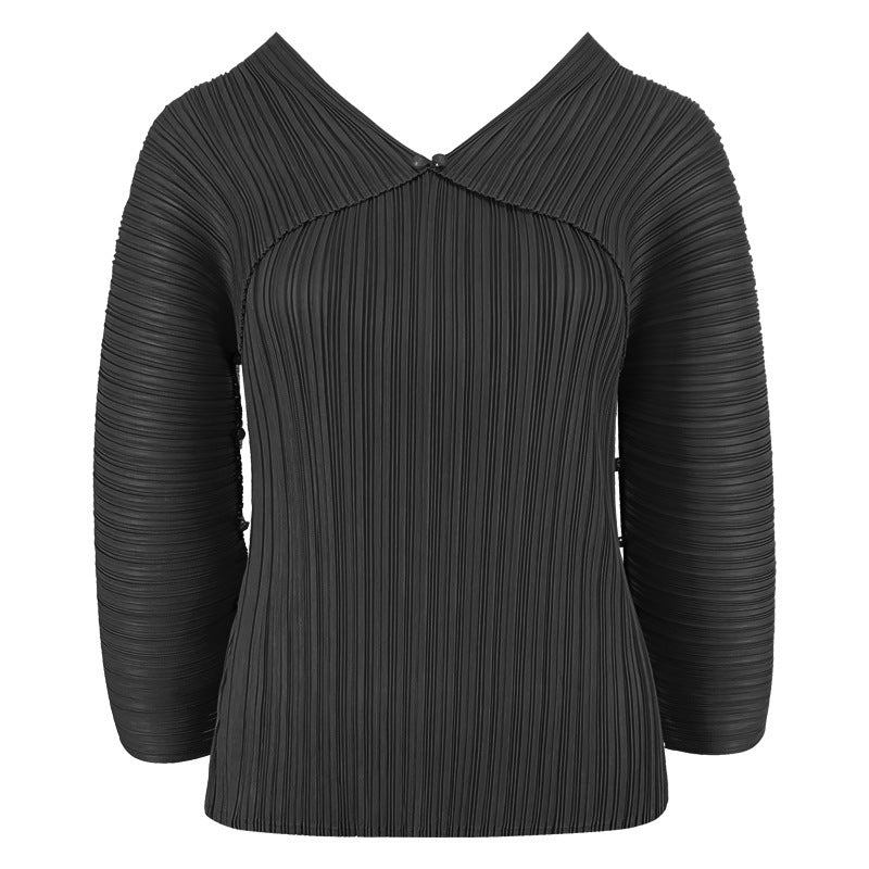 Miyake long-sleeved t-shirt women's spring new Korean version slim-fit split top hollow bottoming shirt women's clothing