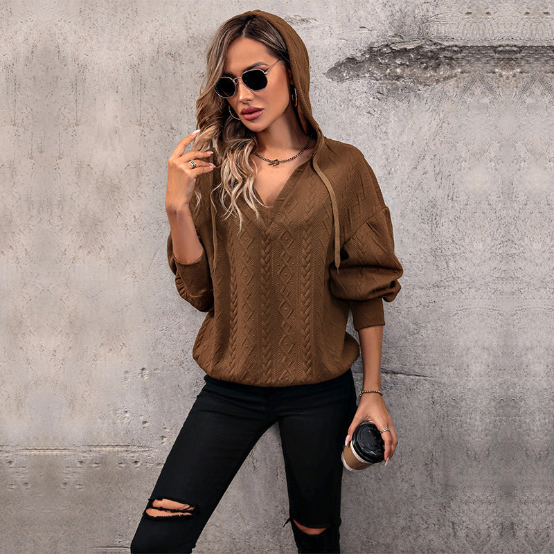 LOVECCR Europe and the United States Hot autumn and winter hooded pullover sweater new drawstring knitted sweater loose solid color V-neck top