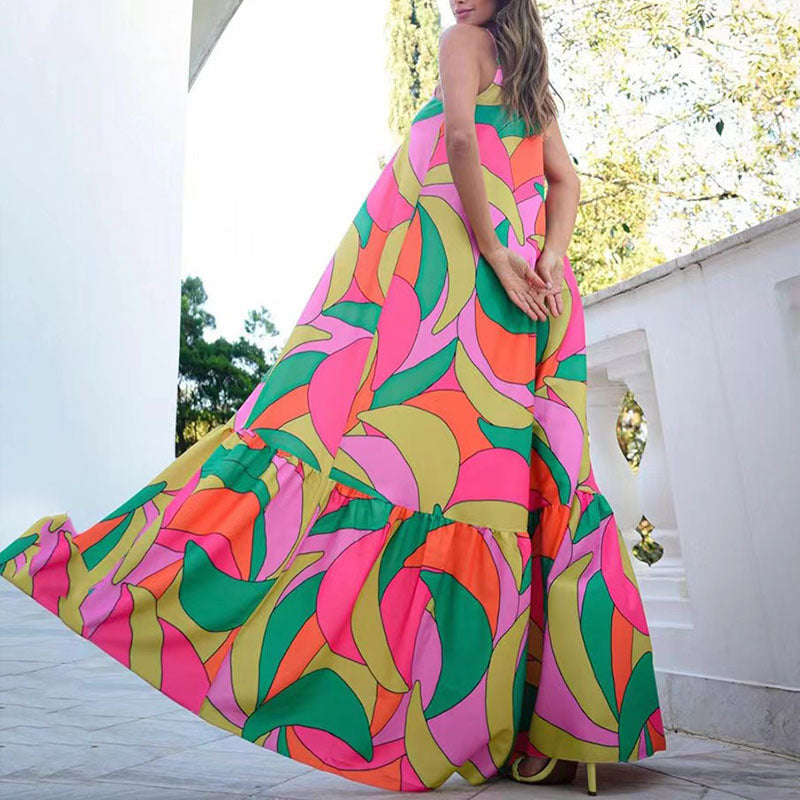 2025 summer 2025 Popular trade new commuter long dress deep V-neck backless suspender printed dress