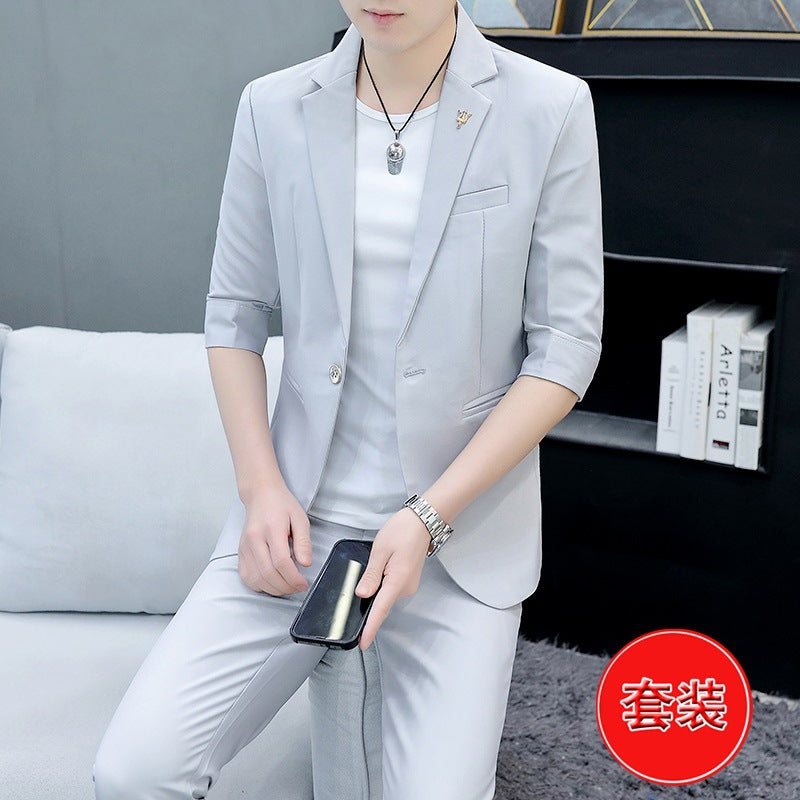 LOVECCR Suit Men's One Suit Matching Summer Korean Style Trendy Fashion Dress 3/4 Sleeve Non-Ironing Casual Small Suit