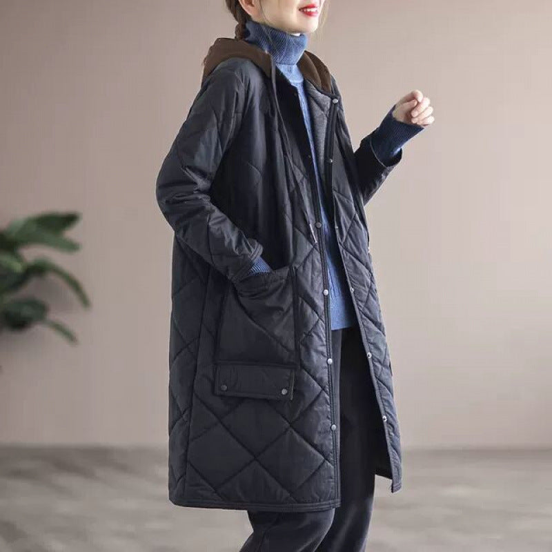 popular autumn and winter new medium and long versatile cotton clothes fashionable and simple diamond thickened jacket hooded splicing cotton-padded clothes women