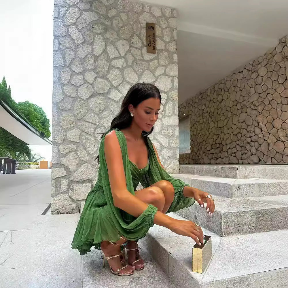 Cross Border Women's Spring Clothing Dress Sexy Hot Girl Hollow Lantern Sleeve V-neck off-Shoulder Jumpsuit Skirt