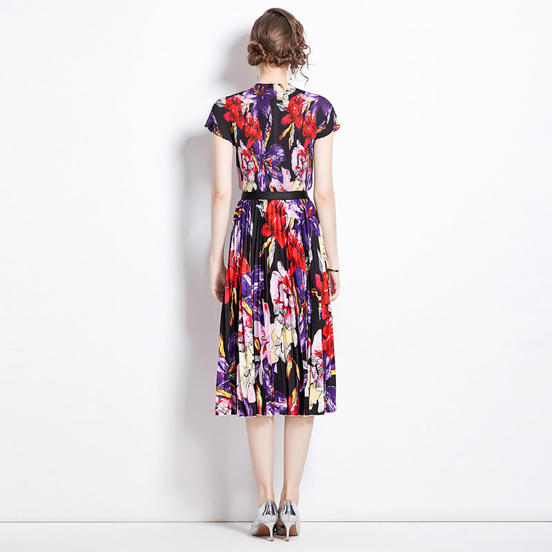 Pleated summer new fashion slim-fit shirt + printed pleated skirt two-piece set