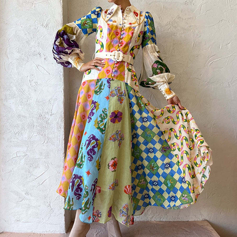 Foreign Trade New Women's Elegant Lantern Sleeve Printed Long Lapel and Waist Tight Long Sleeve Dress