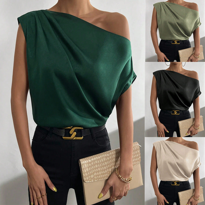 2025 Popular, , New women's clothing summer new fashion versatile diagonal collar pinch pleated shoulder asymmetrical vest