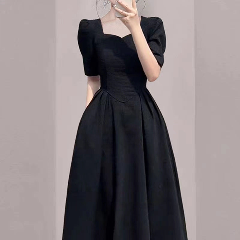 Elegant Hepburn Style High Sense Square Collar Dress Summer New Women's Clothing Western Style Waist-Slimming Puff Sleeve Skirt