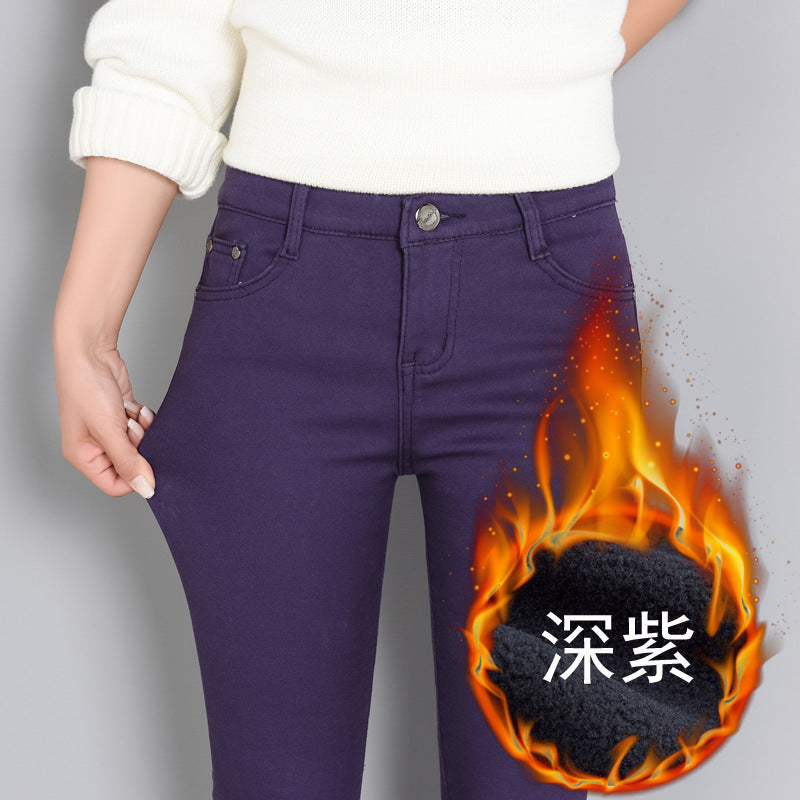 Plus Size Fleece-lined Thick Color Pants Korean Style Winter Skinny Jeans Women's Candy Color Warm Pencil Pants Women's Pants
