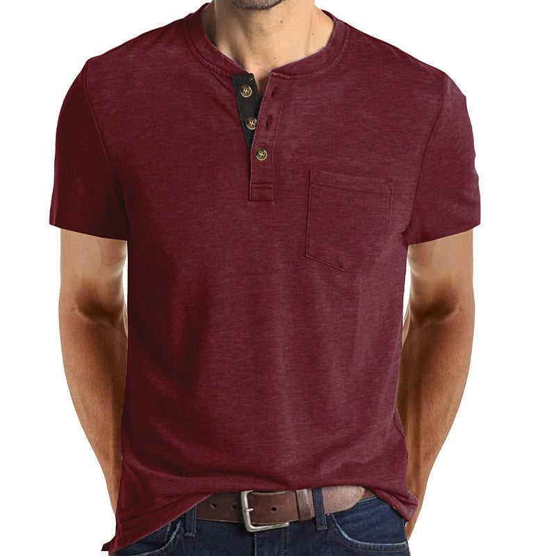 Summer European and American Men's Short-Sleeved T-shirt Foreign Trade Men's Henry T-shirt Cross-Border Clothing round Neck Top