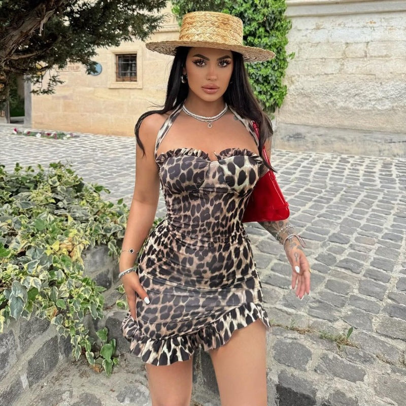 LOVECCR style Hot summer new leopard print lace-up halter sexy slim hip skirt wholesale