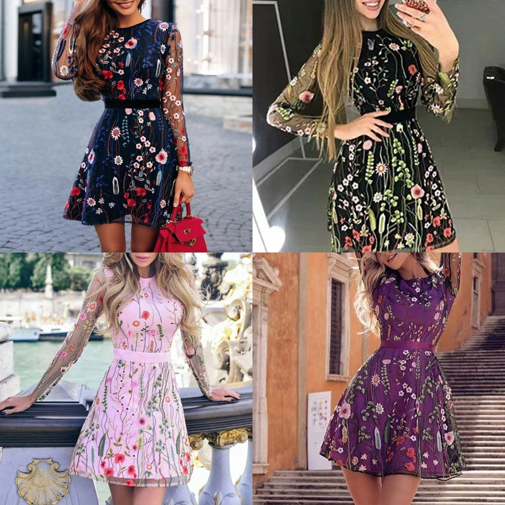 2025 New spring new 2025 women's clothing dress embroidered bohemian flower A-word skirt