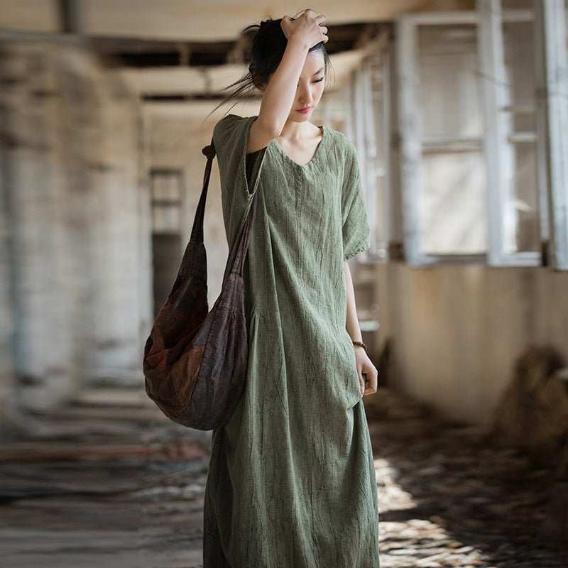 Summer Linen Cotton Thin Tie-Dyed Original New Chinese Long Dress Home Travel Literary Style Women's Dress