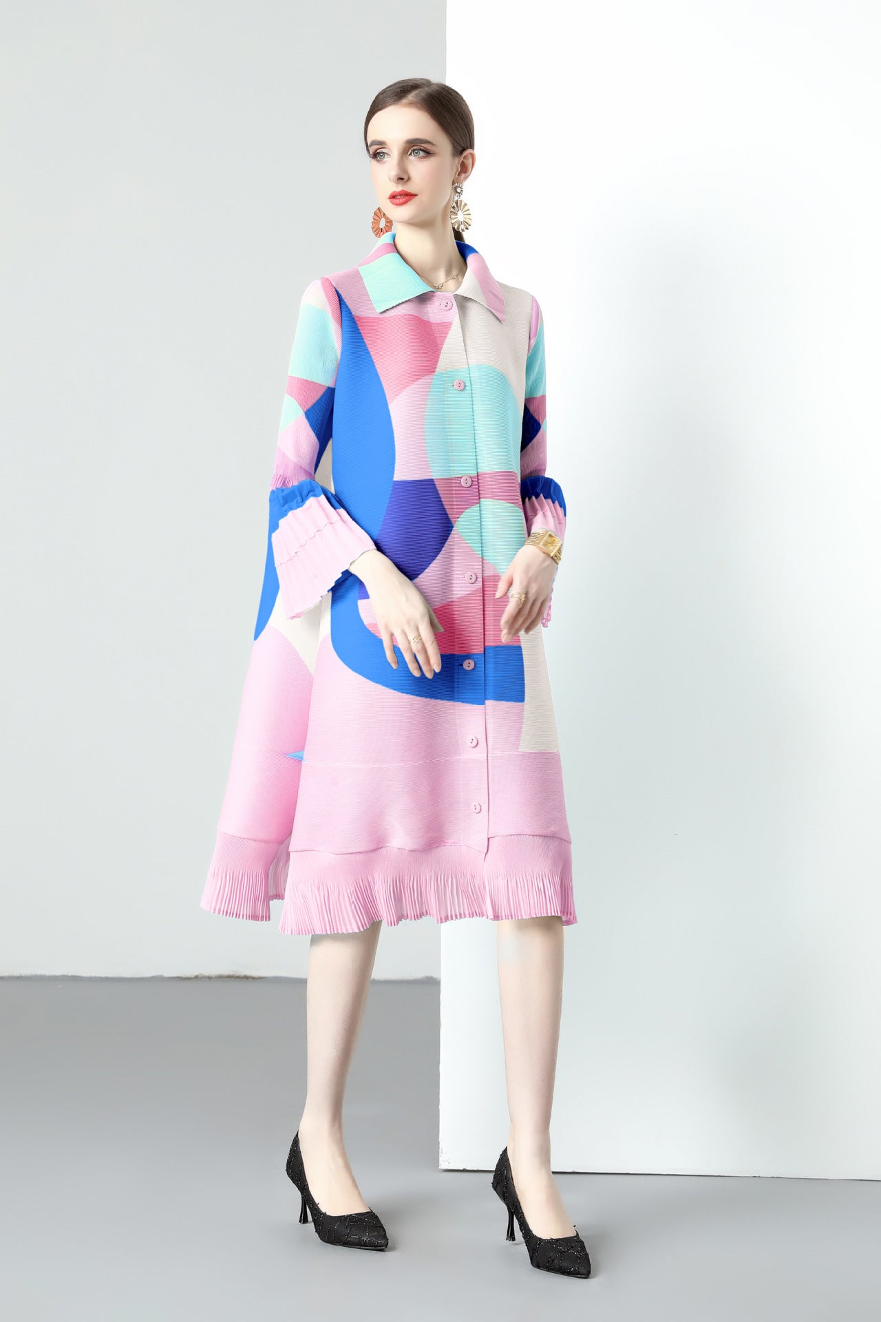 Pleated printed dress new spring and autumn lapel single-breasted cardigan large size waist strap medium and long dress