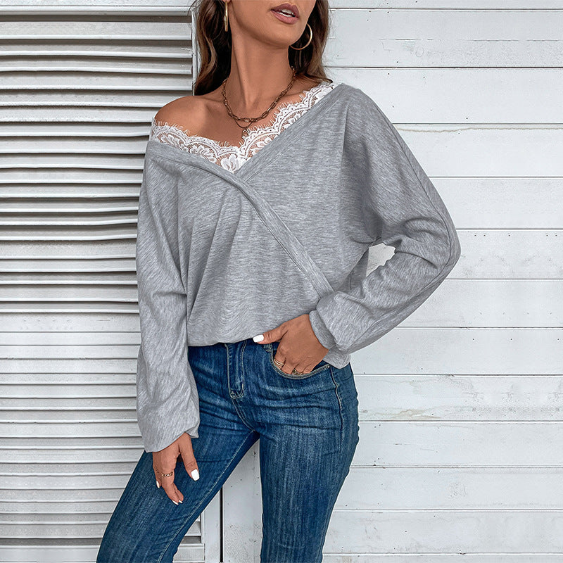 LOVECCR women's clothing Hot autumn 2025 popular V-neck sweater lace splicing top fashion pullover T-shirt