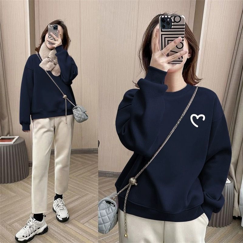 spring and autumn new Korean version of burgundy thin sweater women's pullover round neck printing loose long-sleeved top and clothing