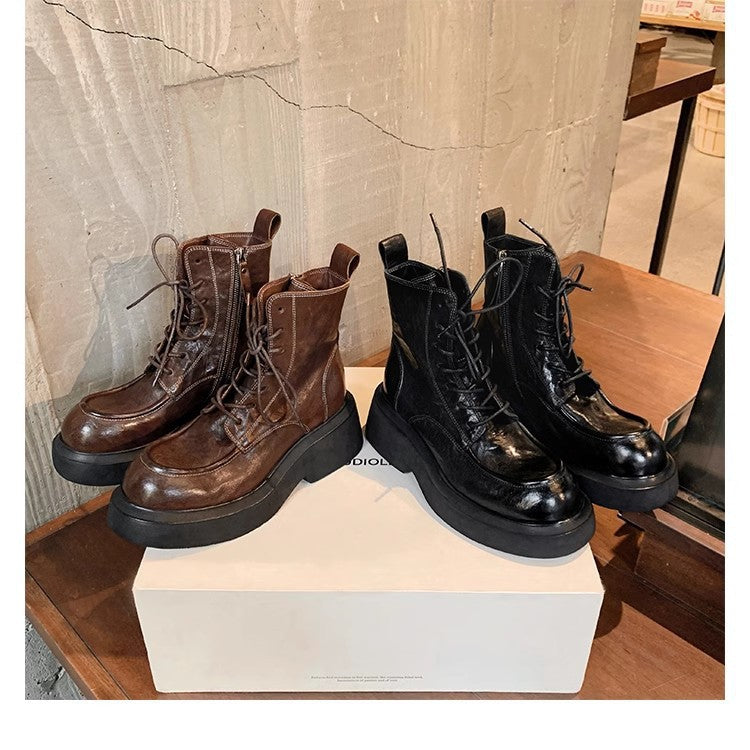 2025 Cowhide version~ Grape mother has the same autumn and winter new round head leather heightened thick bottom lace-up side zipper Martin boots for women