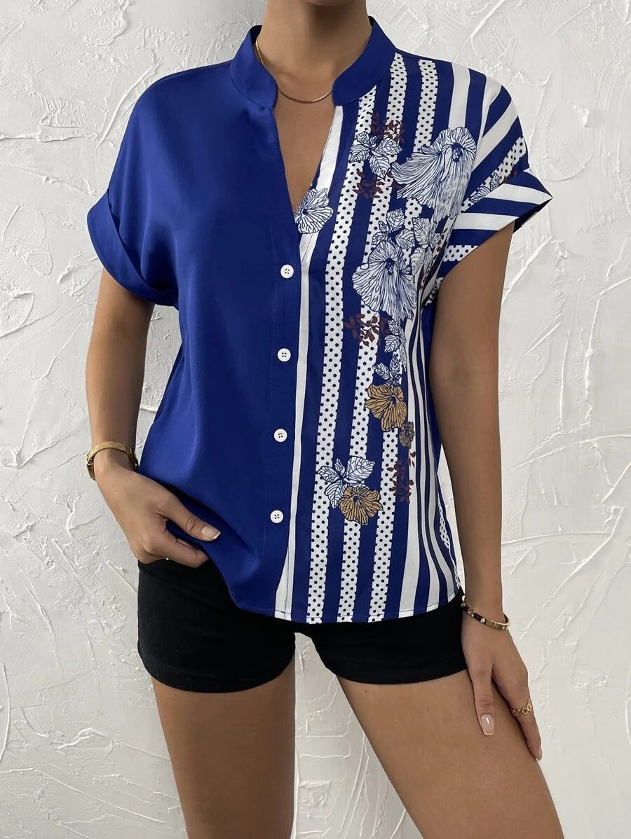 2025 Popular, , New women's clothing summer new double-spell contrasting color flower button cardigan short-sleeved shirt women