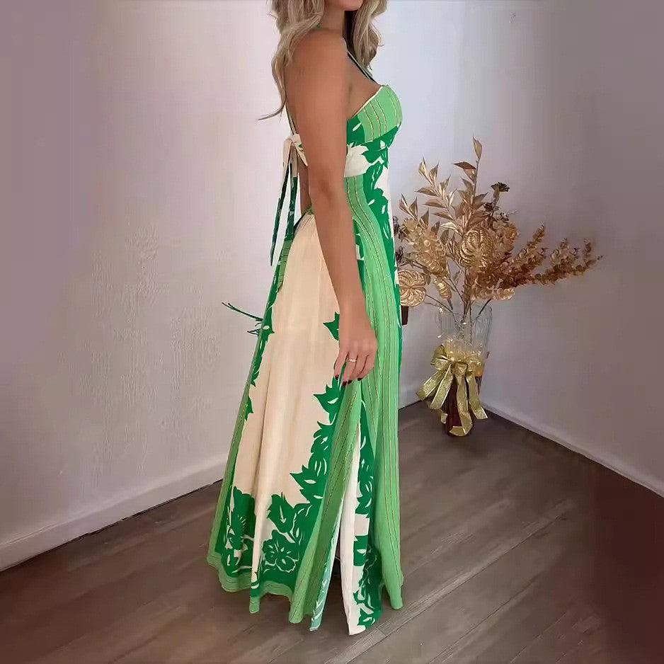 2025 summer New new 2025 neck sexy color matching fashion vacation beach long printing dress women's clothing