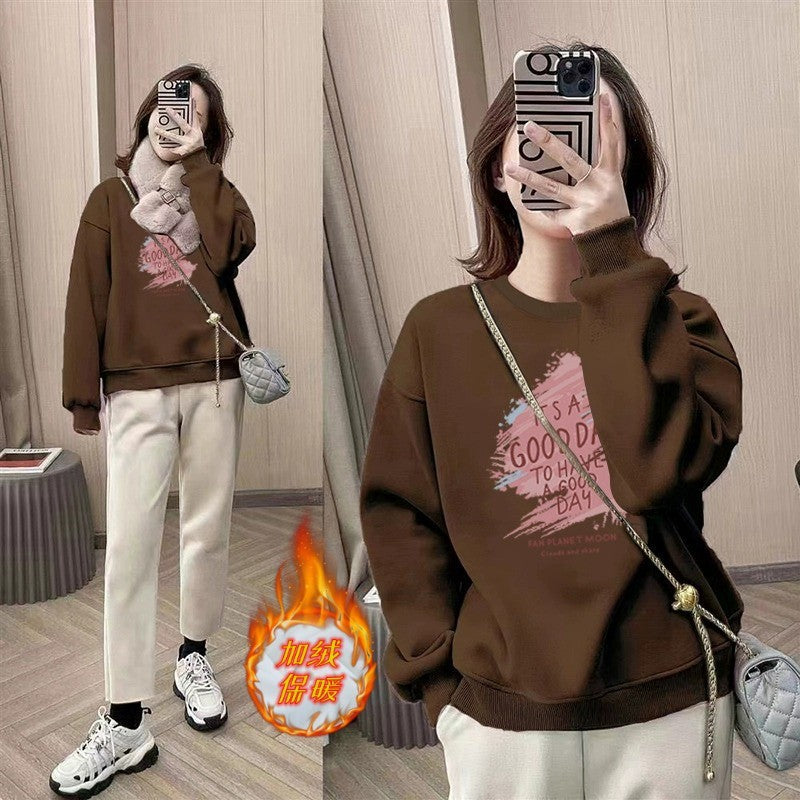spring and autumn Korean version of fashion small round neck pullover fleece sweater long sleeve loose tide ins style top