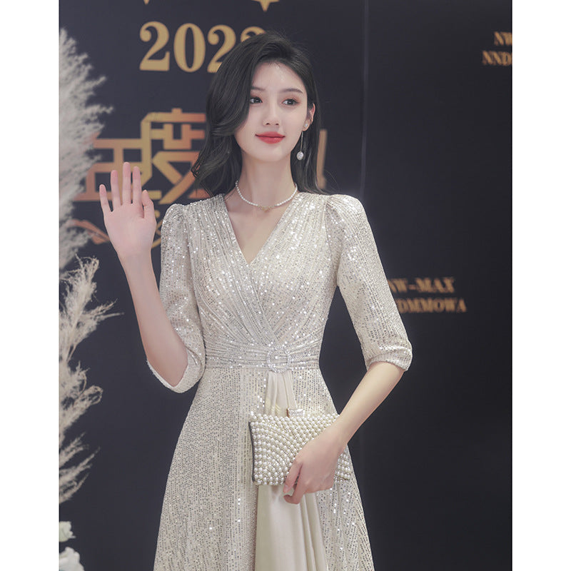LOVECCR Champagne Evening Dress for Women New High-End Temperament Light Luxury Minority Banquet Host Fishtail Dress Sequins