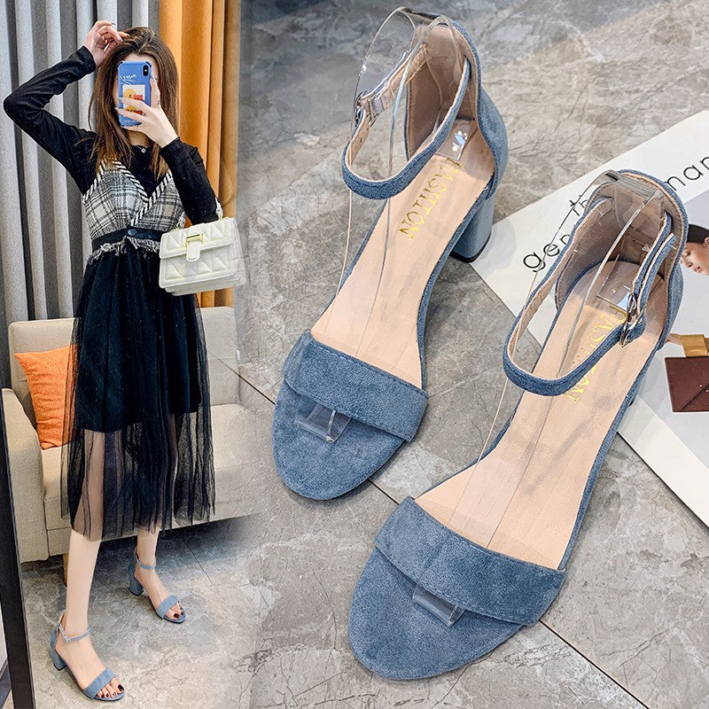 loveccr Women's Sandals Summer New Korean Style Ankle-Strap Buckle Simple Thick Heel Sandals Women's High Heel Fashion Women's Shoes Fashion