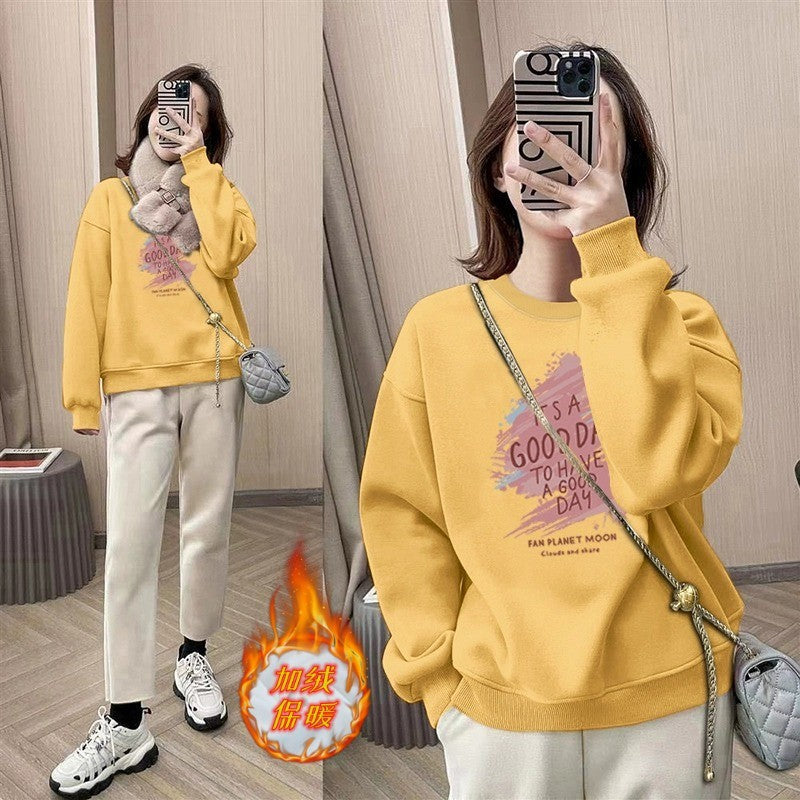 spring and autumn Korean version of fashion small round neck pullover fleece sweater long sleeve loose tide ins style top